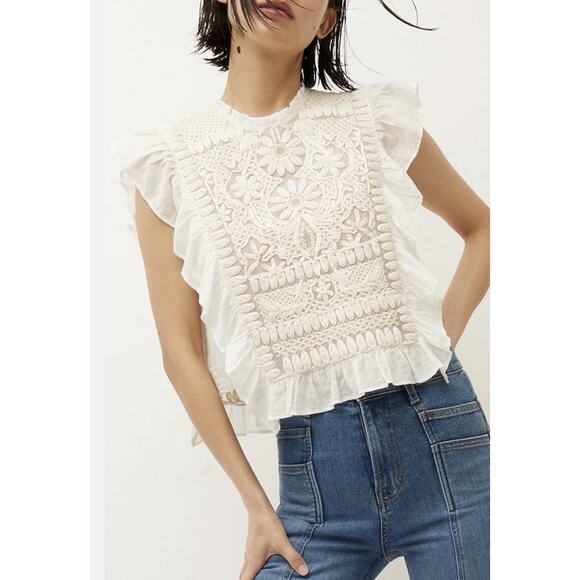 Joie Tops - JOIE Ruffle Crochet Top Ivory Eyelet Sleeveless Western Victorian Romantic Sz S